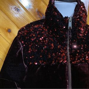Anthropologie NWT Maeve Vera Sequined Velvet Puffer Jacket Large Burgundy